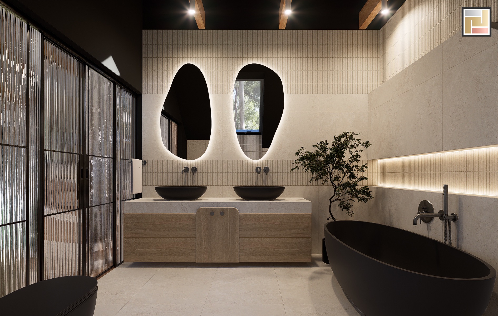 Nowoczesna łazienka z dwoma czarnymi umywalkami w kształcie mis, podświetlanymi lustrami o organicznym kształcie, drewnianą szafką pod umywalką, kabiną prysznicową ze szkła ornamentowego...