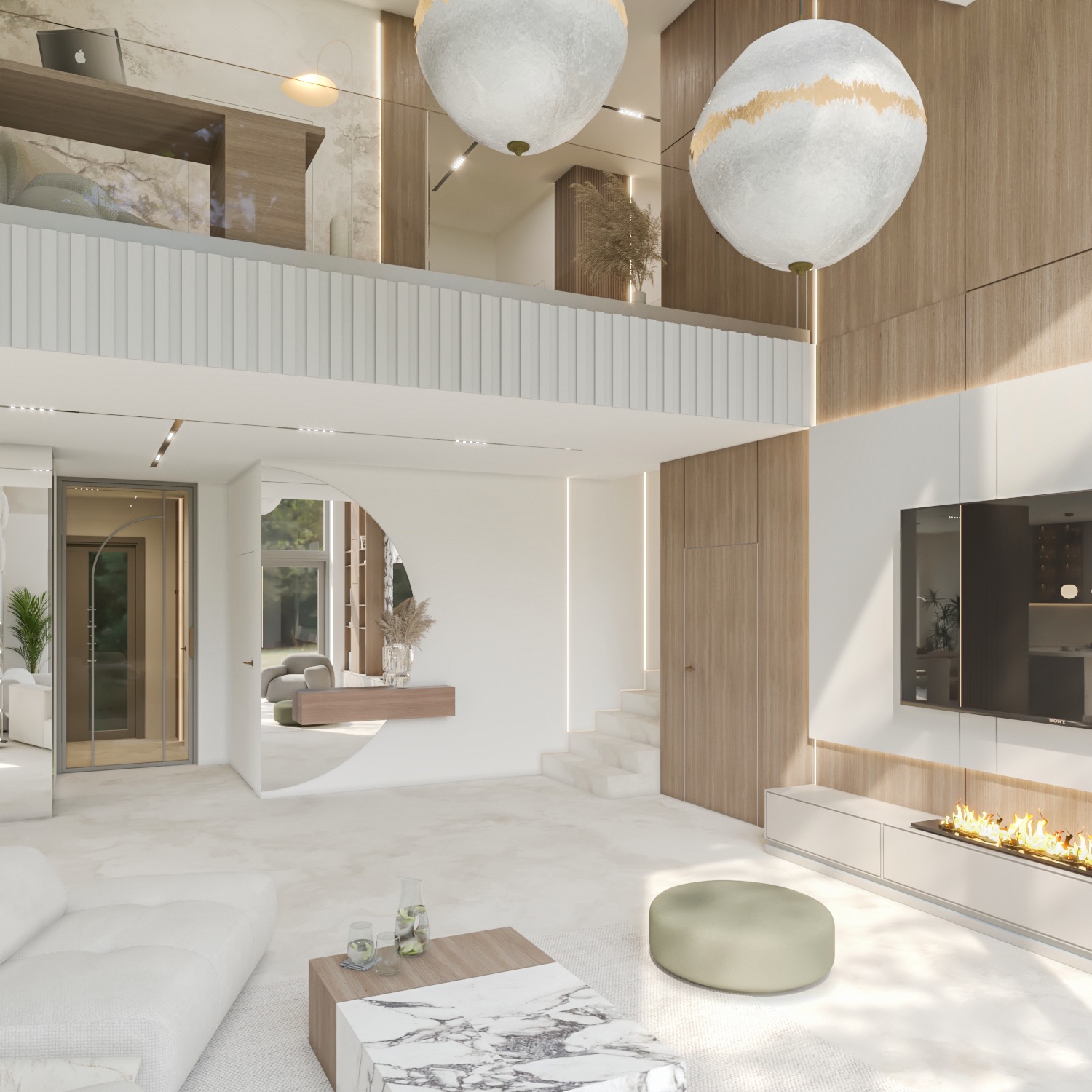 Nowoczesny salon z antresolą. Minimalistyczny design, białe ściany, drewniane akcenty, marmurowy stolik kawowy i oryginalne lampy wiszące. Widok na schody i kominek.