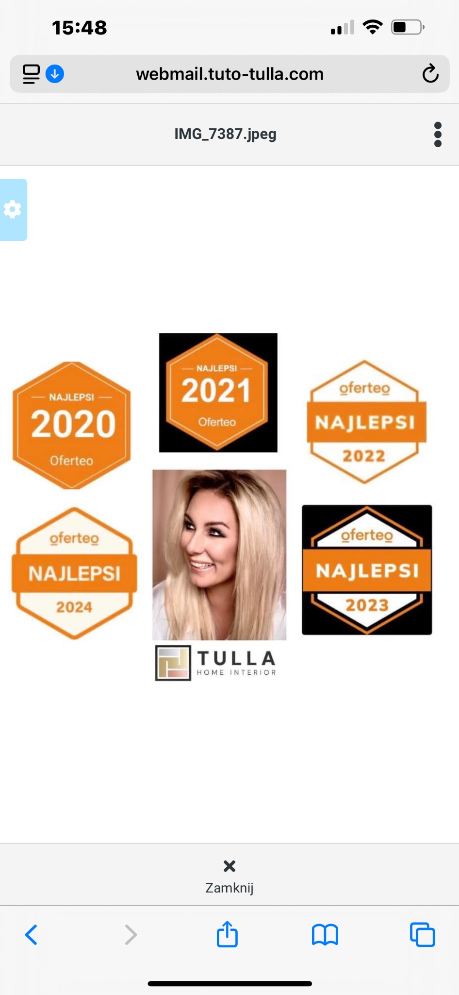 Kolaż nagród Oferteo 'Najlepsi' za lata 2020-2024 oraz zdjęcie uśmiechniętej kobiety z logo TULLA HOME INTERIOR.