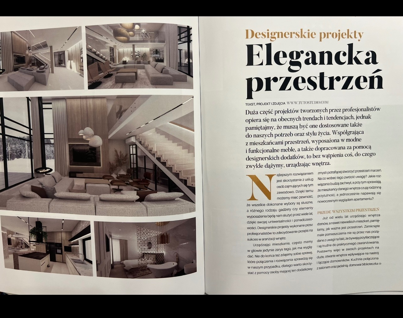 Aranżacja wnętrz: nowoczesny salon z otwartą przestrzenią, schody, minimalistyczne meble, duże okna, widok na zewnątrz. Przytulne i eleganckie wykończenie.