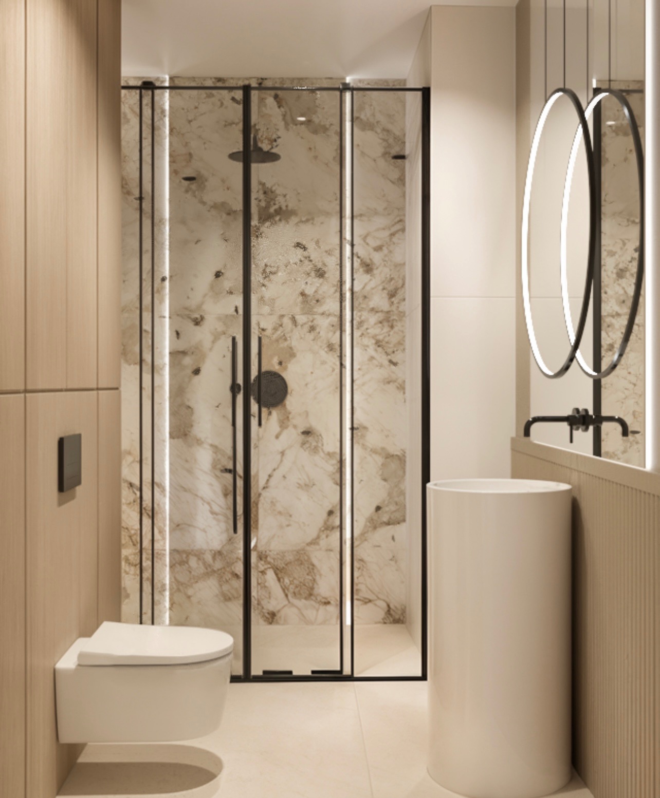 Elegancka łazienka z kabiną prysznicową w marmurze, wiszącą toaletą i umywalką wolnostojącą. Dwa okrągłe lustra z podświetleniem.