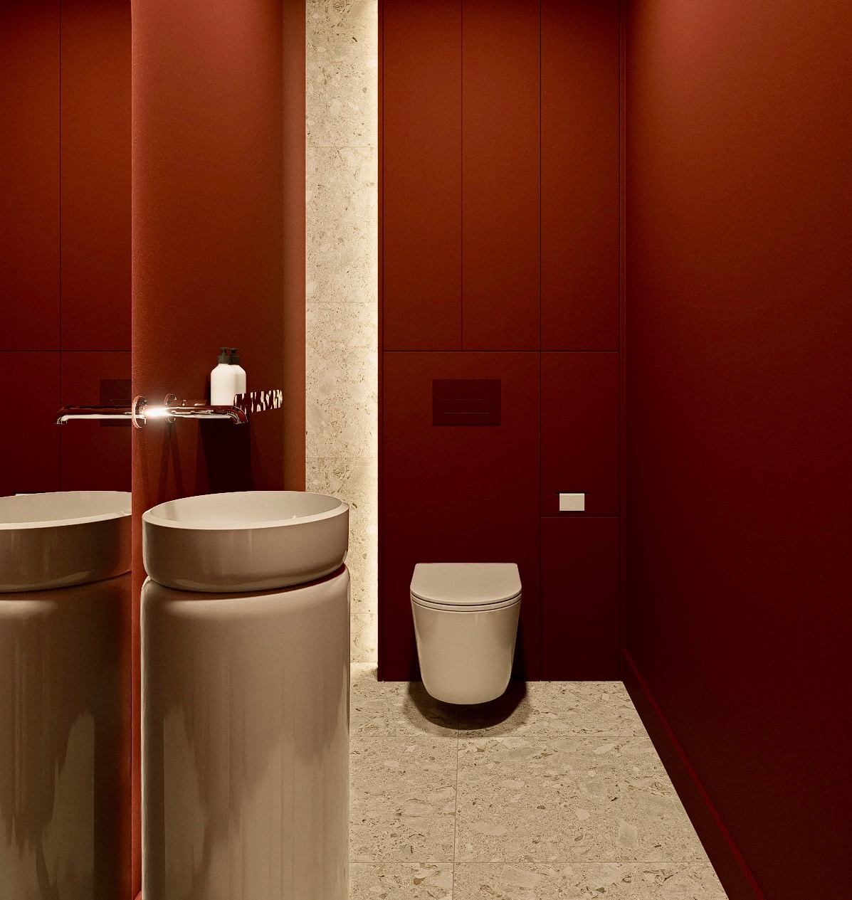 Nowoczesna łazienka w odcieniach czerwieni i beżu. Umywalka na postumencie, podwieszana toaleta, płytki lastryko i oświetlenie LED w niszach.