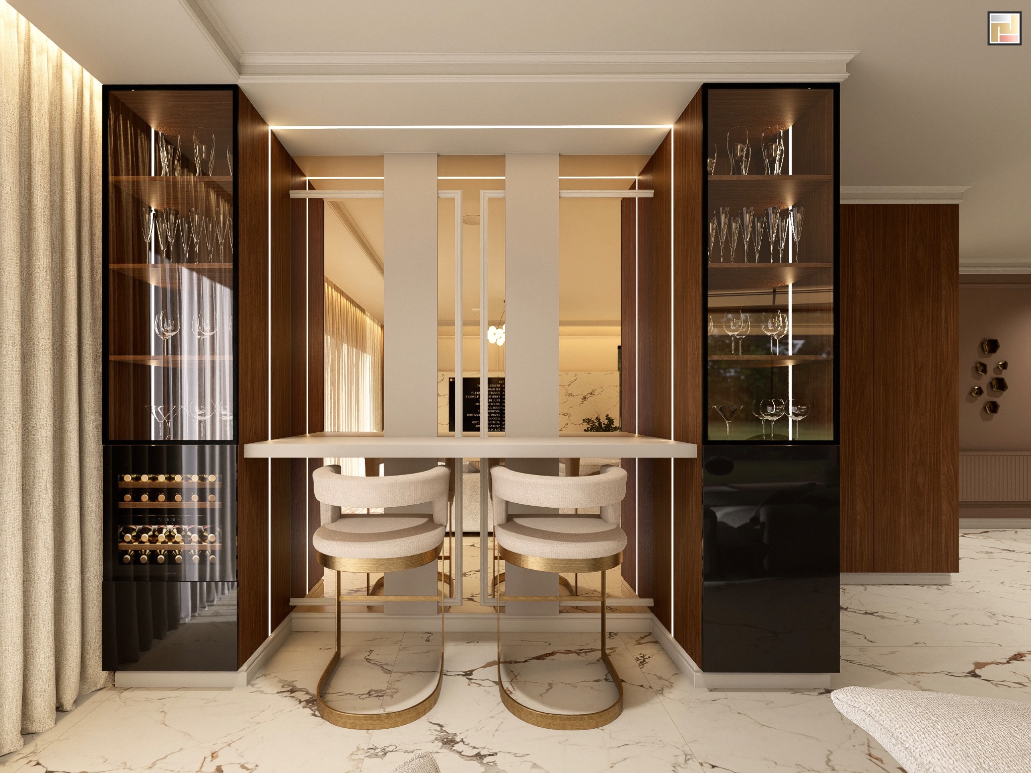 Elegancki barek z szafkami na wino i kieliszki, oświetlony LED, z dwoma krzesłami barowymi na marmurowej podłodze. Widok na kuchnię w tle.