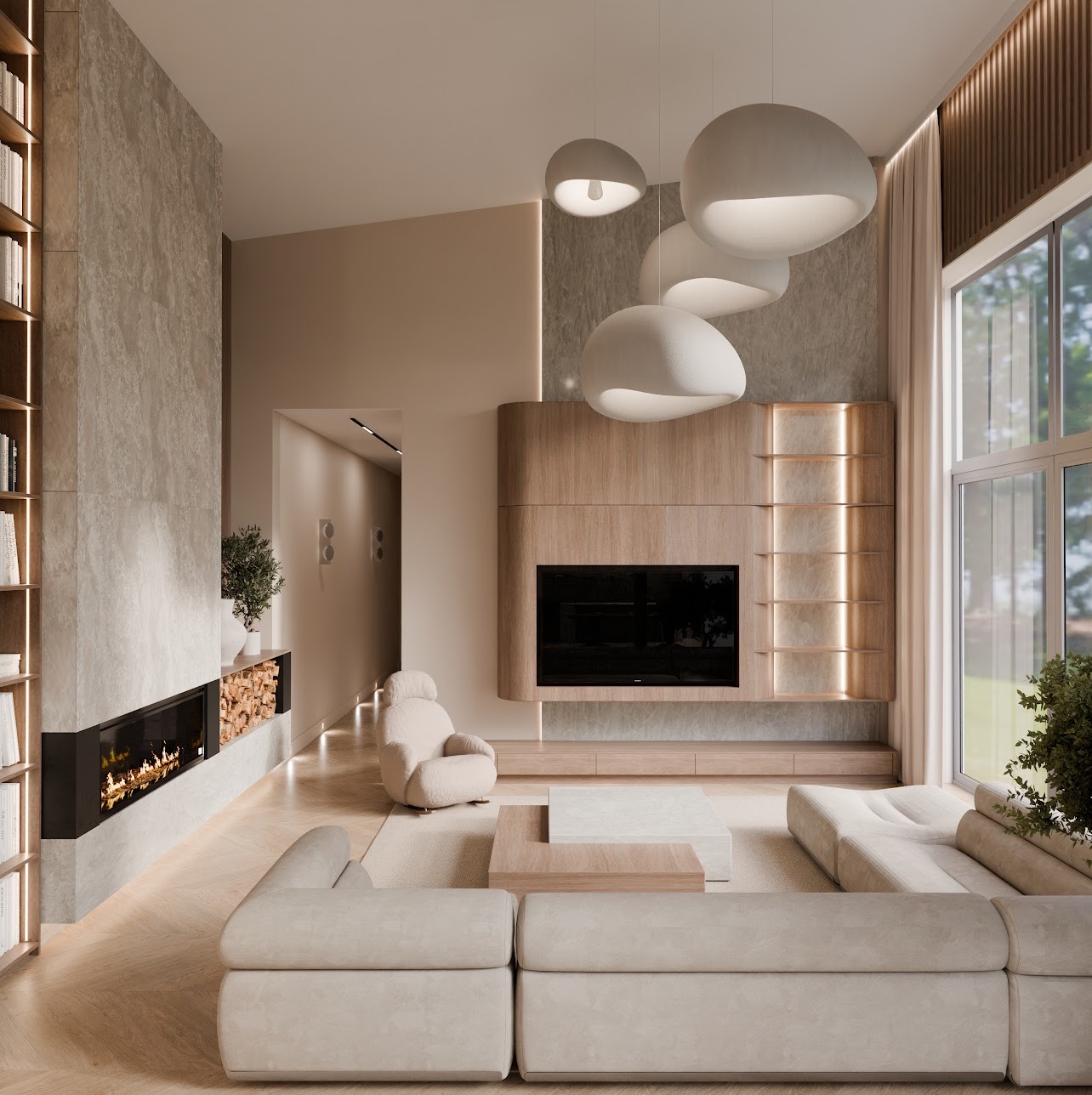 Elegancki salon z kominkiem i drewnianą zabudową TV. Stonowana kolorystyka, beżowe meble, designerskie lampy. Duże okno z widokiem na zieleń. Minimalistyczny wystrój.