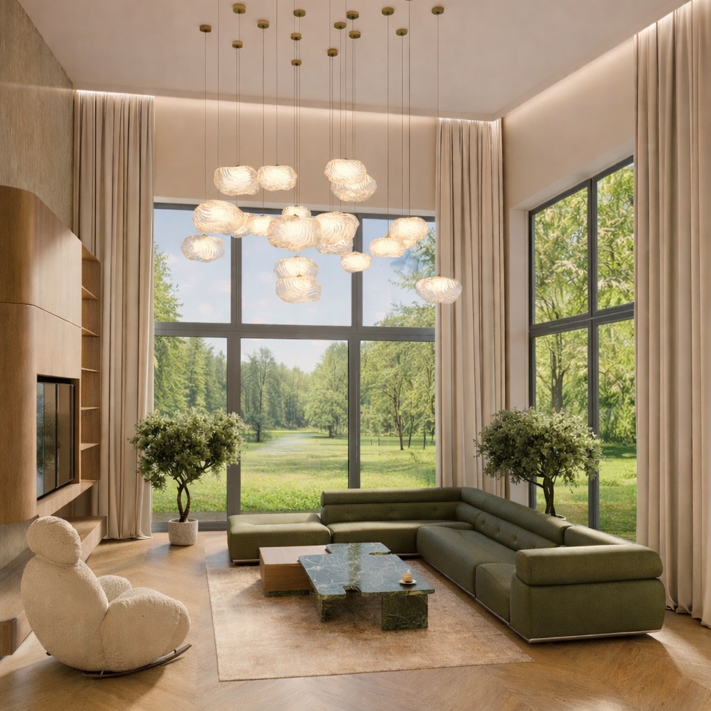 Nowoczesny salon z zieloną sofą modułową, marmurowym stolikiem i designerską lampą wiszącą. Duże okna z widokiem na zieleń. Jasne, przestronne wnętrze.