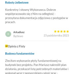 Mariusz Kujawski M-BUD - Opinie klientów o firmie budowlanej na platformie Fixly.pl, z ocenami i opisami wykonanych robót żelbetowych oraz budowy fundamentów. Widoczne gwiazdki oceny i daty.
