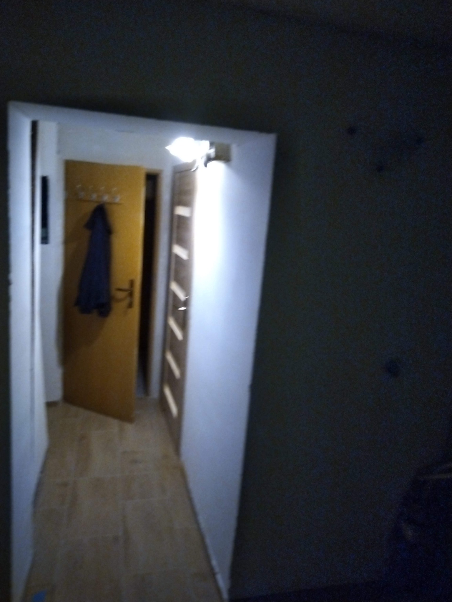 Korytarz po remoncie: świeżo pomalowane ściany w odcieniach szarości, jasna podłoga, widoczne drzwi wejściowe i wewnętrzne. Oświetlenie sufitowe.