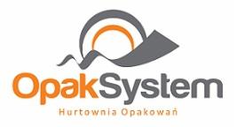 Logo firmy OpakSystem, hurtowni opakowań, z graficznym elementem przypominającym strzałkę i okrąg w kolorach szarym i pomarańczowym.