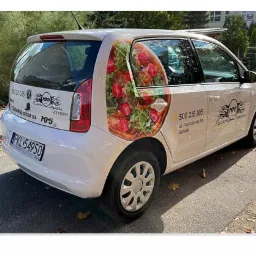 Biały samochód dostawczy z grafiką pizzy na boku, logo pizzerii i numerem telefonu, zaparkowany na ulicy w słoneczny dzień.