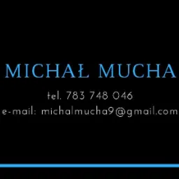 Wizytówka z imieniem i nazwiskiem Michał Mucha, numerem telefonu 783 748 046 oraz adresem e-mail michalmucha9@gmail.com na czarnym tle z niebieskimi elementami.