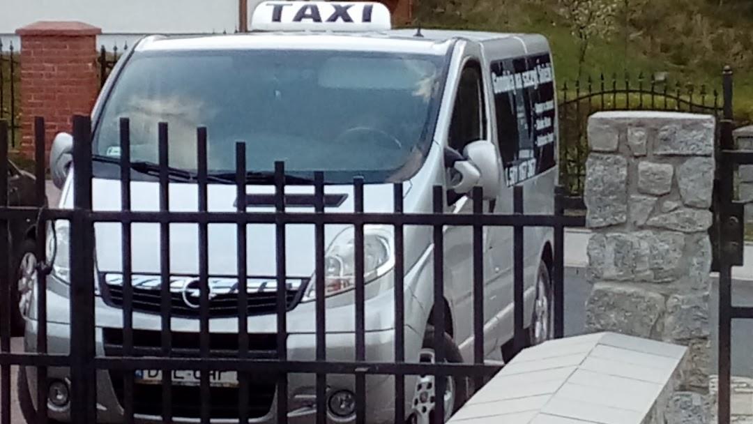 Srebrny van z napisem TAXI na dachu, widziany przez czarne metalowe ogrodzenie z kamiennym słupkiem.