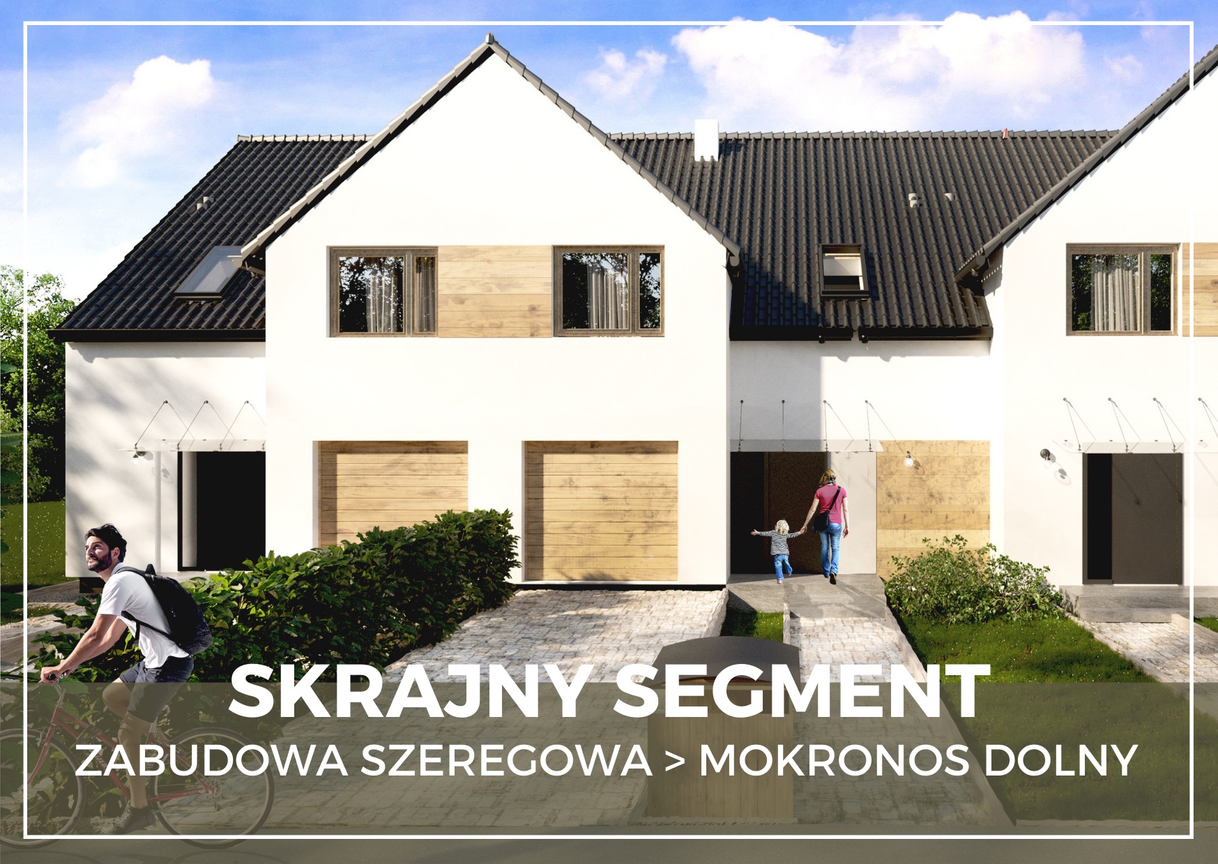 Wizualizacja szeregu domów z białymi elewacjami i drewnianymi akcentami, osoba na rowerze i matka z dzieckiem wchodzące do jednego z segmentów.