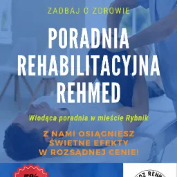 Grafika reklamowa poradni rehabilitacyjnej z adresem w Rybniku, prezentująca terapeutę pracującego z pacjentem, logo firmy, informację o 5% zniżce i krótkich terminach oczekiwania.