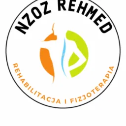 Logo NZOZ REHMED z sylwetką człowieka w kolorach pomarańczowym, niebieskim i zielonym, otoczone napisem 'REHABILITACJA I FIZJOTERAPIA'.