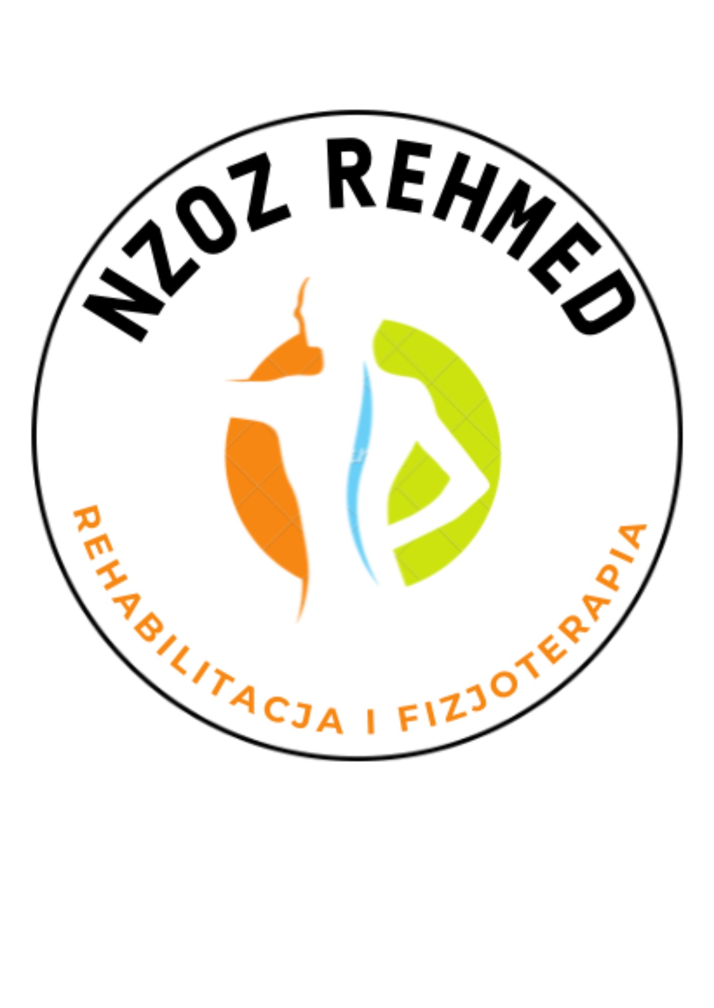 Logo NZOZ REHMED z sylwetką człowieka w kolorach pomarańczowym, niebieskim i zielonym, otoczone napisem 'REHABILITACJA I FIZJOTERAPIA'.