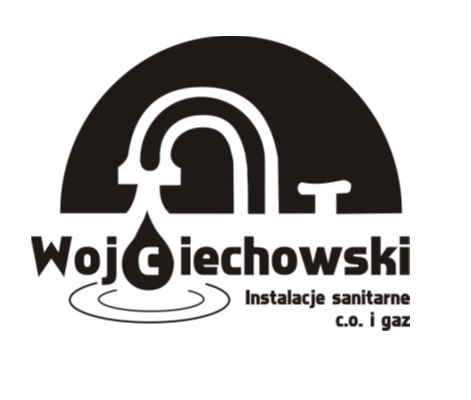 Czarno-białe logo firmy z motywem kranu i kropli wody, nazwa firmy 'Wojciechowski' oraz informacja 'Instalacje sanitarne c.o. i gaz'.