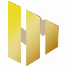 Abstrakcyjne, złote logo składające się z trzech pionowych, częściowo nachodzących na siebie, prostokątnych paneli, tworzących iluzję trójwymiarowości i przypominających stylizowaną literę 'M'.