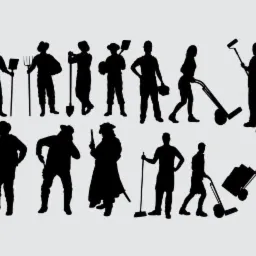 Zestaw czarnych sylwetek przedstawiających różne zawody: budowlaniec z łopatą, rolnik z widłami, malarz z wałkiem, robotnik z taczką i inne postacie.