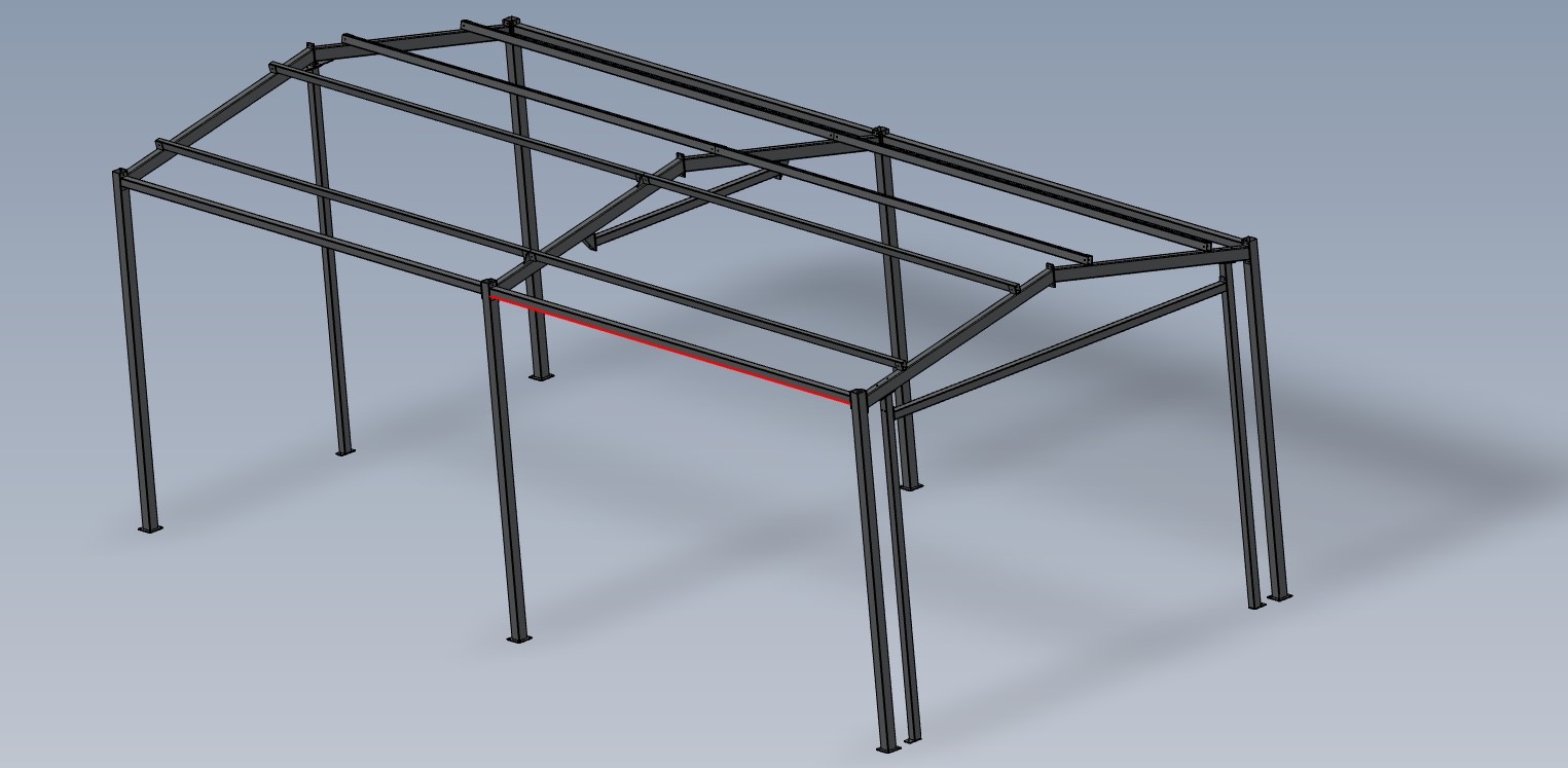Wizualizacja 3D szkieletu stalowej hali z zaznaczonym na czerwono elementem konstrukcyjnym.