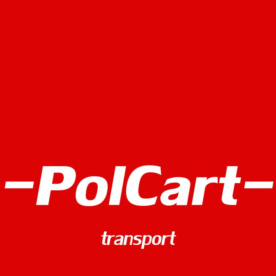 Logo firmy transportowej PolCart na czerwonym tle, biały napis z podkreśleniem.