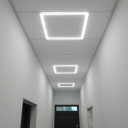 Korytarz z białymi ścianami i sufitem podwieszanym z kwadratowymi panelami LED, widoczne drzwi w głębi i surowy otw&oacute;r drzwiowy po prawej stronie.