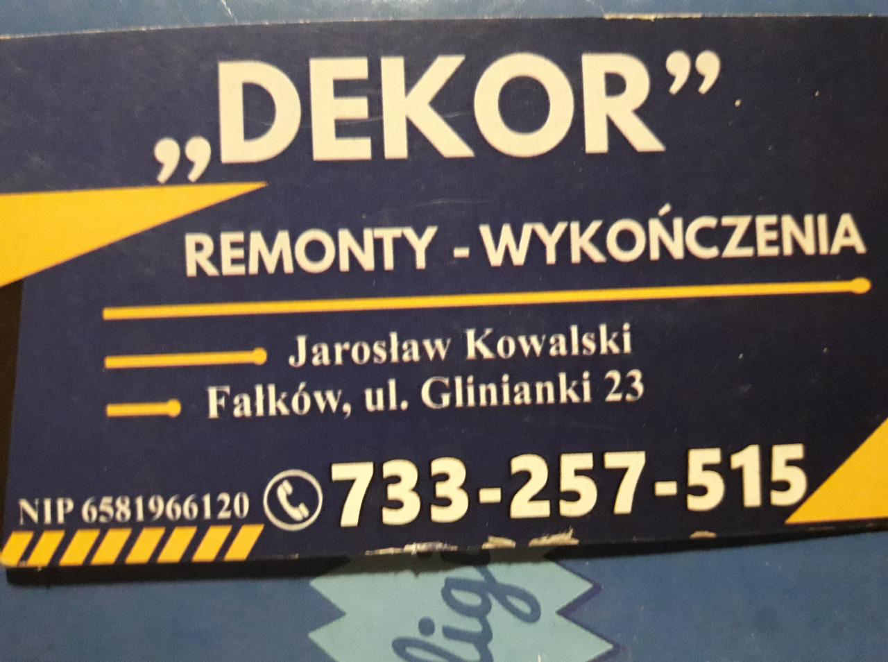 Wizytówka firmy DEKOR oferującej remonty i wykończenia, z numerem telefonu 733-257-515, adresem i NIP 6581966120.