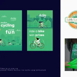 Zestaw materiałów promocyjnych firmy Activy: dwa plakaty z grafiką rowerową, torba z nadrukiem i zielone wachlarze z adresem strony internetowej, prezentowane na ciemnym tle.