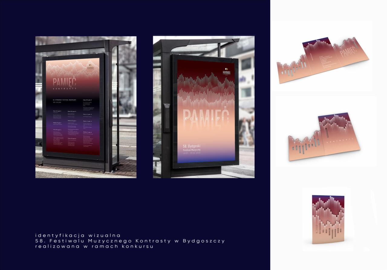Identyfikacja wizualna 58. Festiwalu Muzycznego Kontrasty w Bydgoszczy: plakaty w wiatach przystankowych oraz wizualizacja graficzna materiałów promocyjnych.