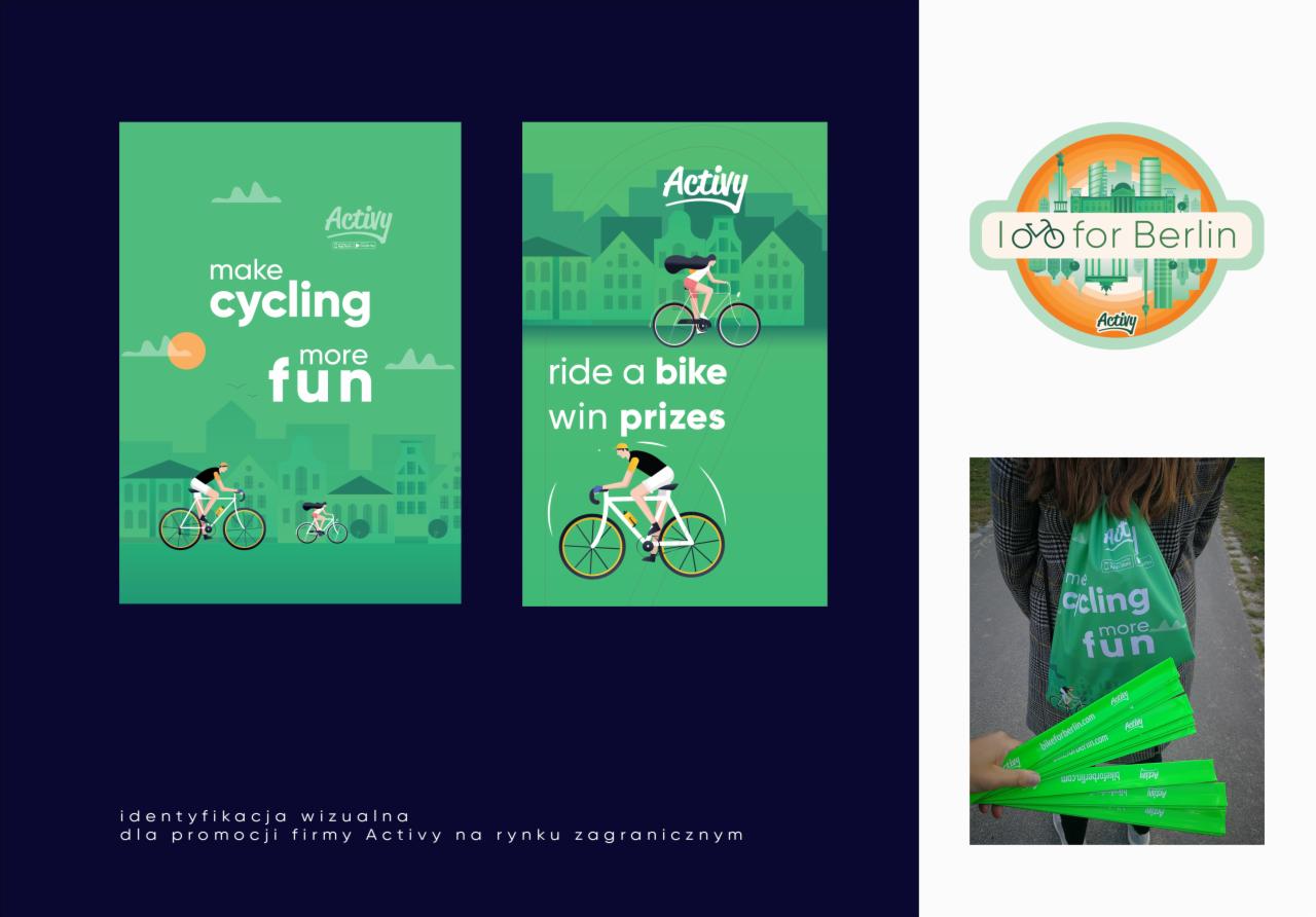 Zestaw materiałów promocyjnych firmy Activy: dwa plakaty z grafiką rowerową, torba z nadrukiem i zielone wachlarze z adresem strony internetowej, prezentowane na ciemnym tle.