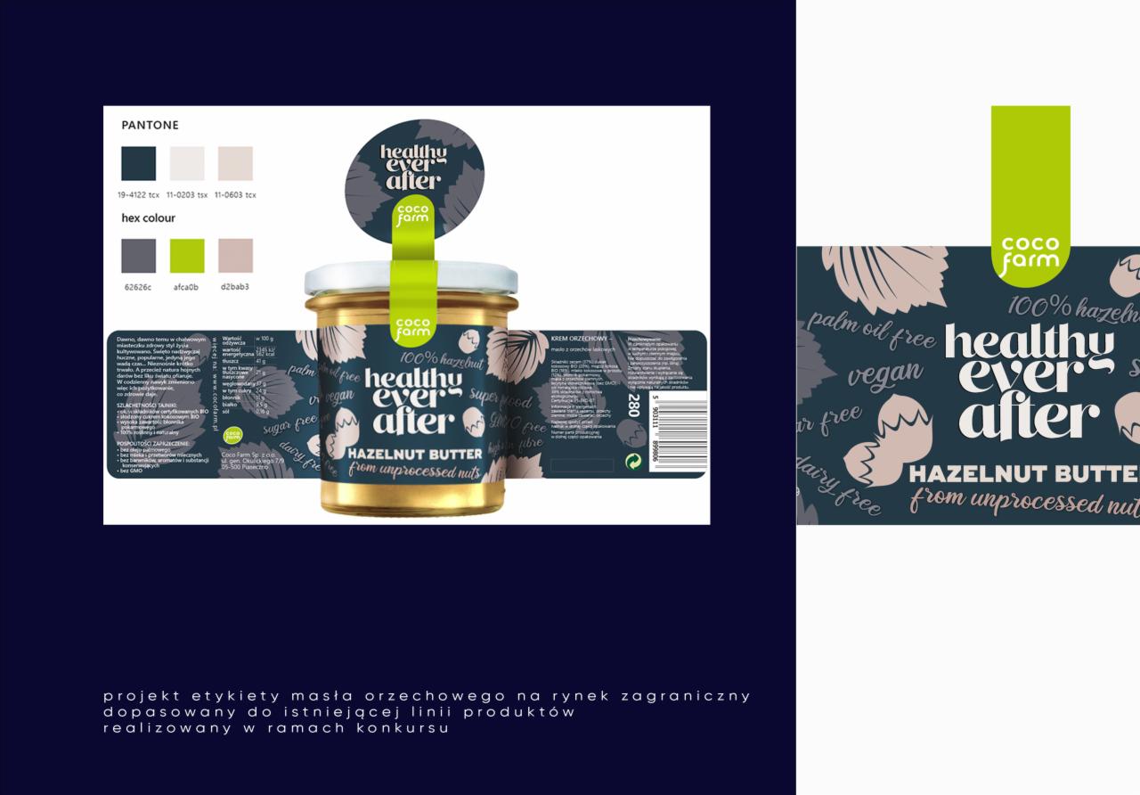 Projekt etykiety słoika masła orzechowego Coco Farm z informacjami o wartościach odżywczych i braku oleju palmowego, wegańskiej formule i braku cukru, na ciemnym tle z paletą kolorów Pantone.