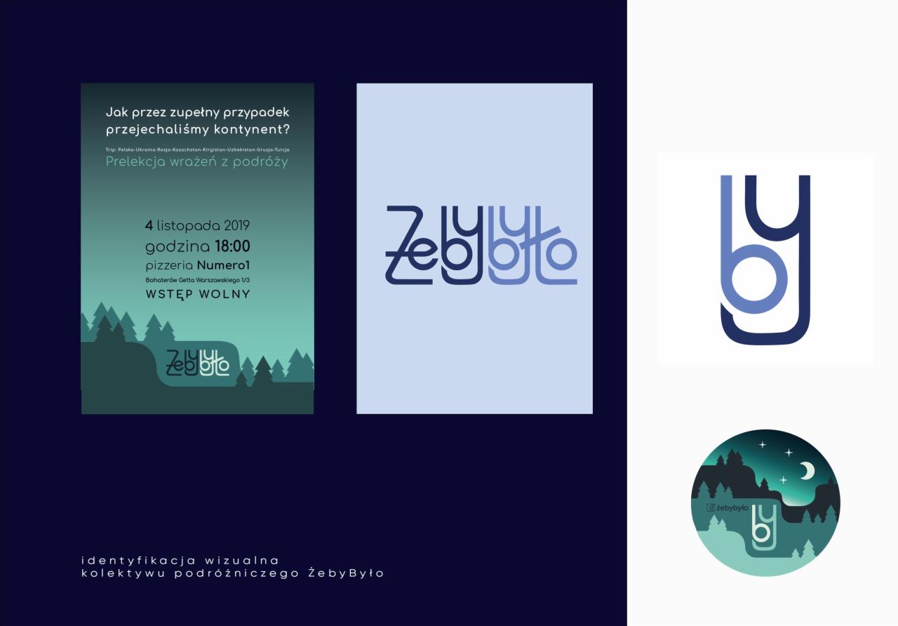 Materiały graficzne identyfikacji wizualnej kolektywu podróżniczego: plakat zapraszający na prelekcję, logo w różnych wariantach kolorystycznych i kompozycjach.