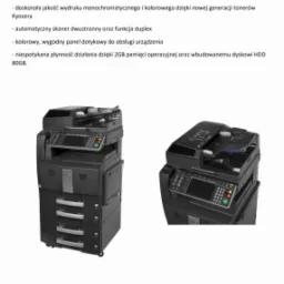 Dwa czarne, używane urządzenia wielofunkcyjne Kyocera TASKalfa 250ci A3, prezentowane obok siebie na białym tle. Widoczne podajniki papieru, panele sterowania i skanery.