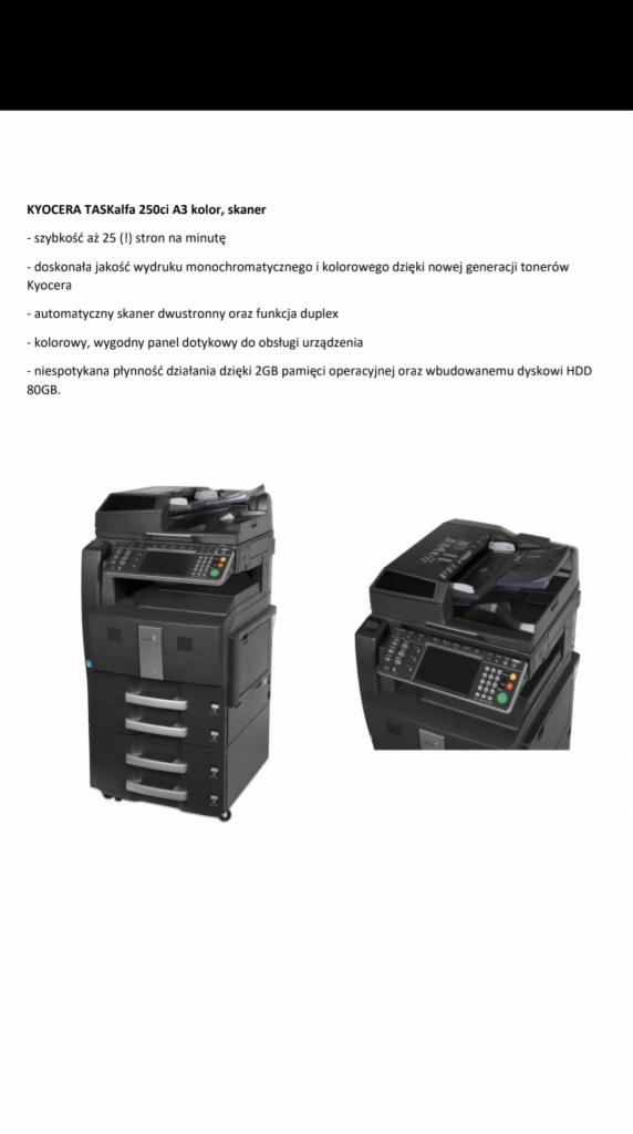 Dwa czarne, używane urządzenia wielofunkcyjne Kyocera TASKalfa 250ci A3, prezentowane obok siebie na białym tle. Widoczne podajniki papieru, panele sterowania i skanery.