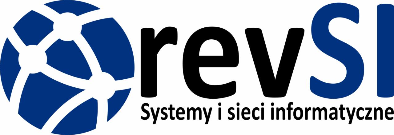 Logo firmy RevSI z niebieskim globem sieciowym po lewej i czarnym napisem 'rev' oraz niebieskim 'SI' po prawej, pod napisem tekst 'Systemy i sieci informatyczne'.