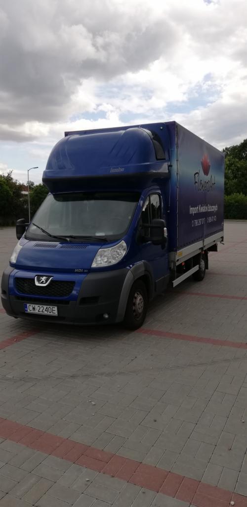 Niebieski bus dostawczy marki Peugeot z nadrukiem 'Flowers Art. Import Kwiatów Sztucznych' zaparkowany na brukowanym placu w pochmurny dzień.