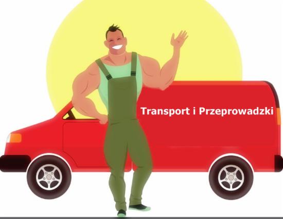 Karykaturalny, uśmiechnięty mężczyzna w zielonym kombinezonie, machający ręką, stoi obok czerwonego vana na tle żółtego koła.