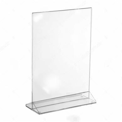 Przezroczysta, akrylowa podstawka na ulotki lub kartki, widok z przodu, pusta przestrzeń na treść.