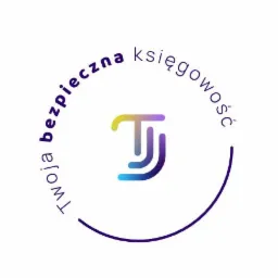 Logo firmy: stylizowany monogram 'TJ' w gradientowych kolorach, otoczony napisem 'Twoja bezpieczna księgowość' w fioletowym okręgu.