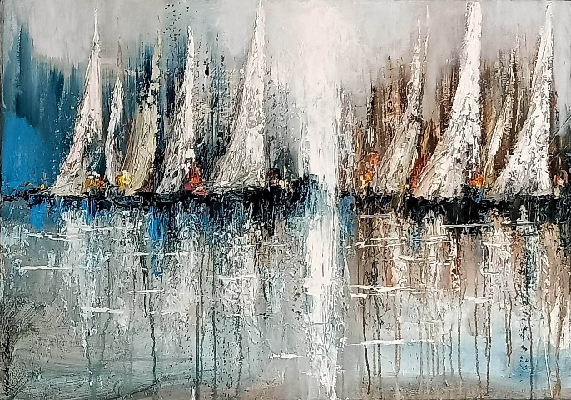Abstrakcyjny obraz olejny: białe żaglówki na wzburzonej wodzie, dynamiczne pociągnięcia pędzlem, dominacja bieli, szarości, błękitu, widoczne refleksy świetlne.