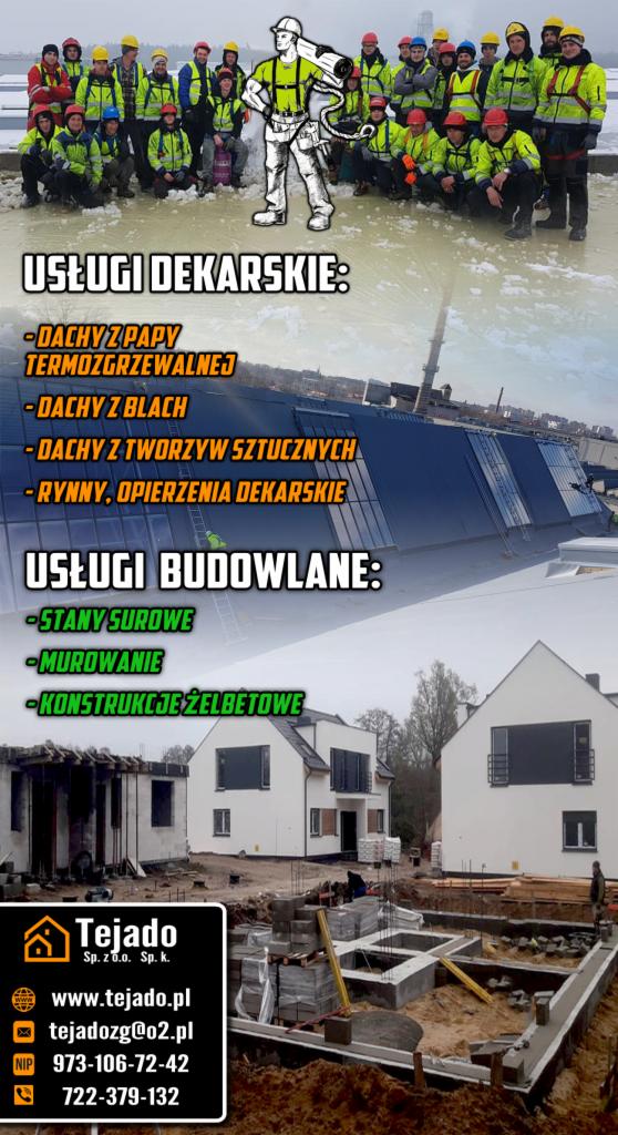 Zdjęcie reklamowe firmy budowlanej Tejado przedstawiające zespół dekarzy w odblaskowych kurtkach na dachu, wykończony dach z tworzyw sztucznych z oknami dachowymi oraz fundamenty pod budowę domów...