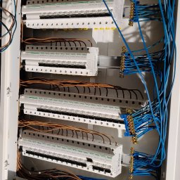 Edil Constration Bud - Rozdzielnia elektryczna z bezpiecznikami, przewody w kolorach niebieskim i brązowym, ułożone w skrzynce. Widoczne listwy zaciskowe i zabezpieczenia.