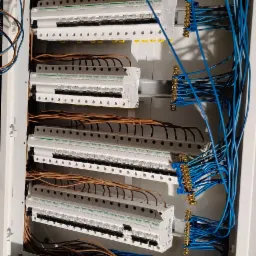 Rozdzielnia elektryczna z bezpiecznikami, przewody w kolorach niebieskim i brązowym, ułożone w skrzynce. Widoczne listwy zaciskowe i zabezpieczenia.