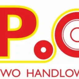 Logo firmy z czerwonymi literami K&P i stylizowanymi rolkami, z żółtym obrysem i napisem 'Przedsiębiorstwo Handlowo-Usługowe' oraz adresem strony internetowej.