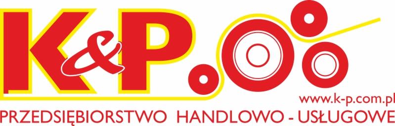 Logo firmy z czerwonymi literami K&P i stylizowanymi rolkami, z żółtym obrysem i napisem 'Przedsiębiorstwo Handlowo-Usługowe' oraz adresem strony internetowej.