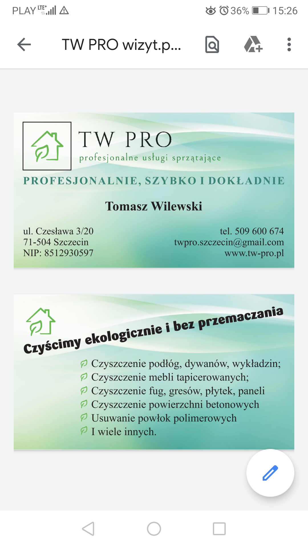 Wizytówka firmy TW PRO oferującej profesjonalne usługi sprzątające, z adresem, numerem telefonu i listą usług takich jak czyszczenie podłóg, dywanów, mebli tapicerowanych i fug.