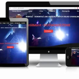 Responsywna strona internetowa firmy KrólMont wyświetlana na monitorze, tablecie i smartfonie. Ukazuje montaż i demontaż linii produkcyjnych oraz usługi spawalnicze.