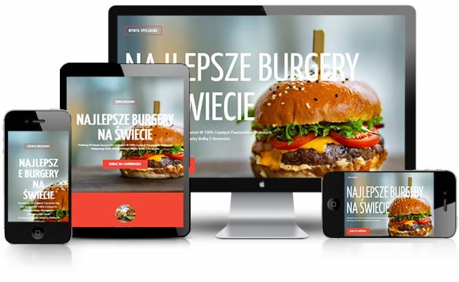 Responsywna strona internetowa z motywem burgera wyświetlana na monitorze, tablecie i smartfonach.
