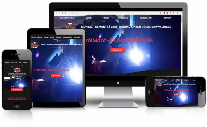 Responsywna strona internetowa firmy KrólMont wyświetlana na monitorze, tablecie i smartfonie. Ukazuje montaż i demontaż linii produkcyjnych oraz usługi spawalnicze.