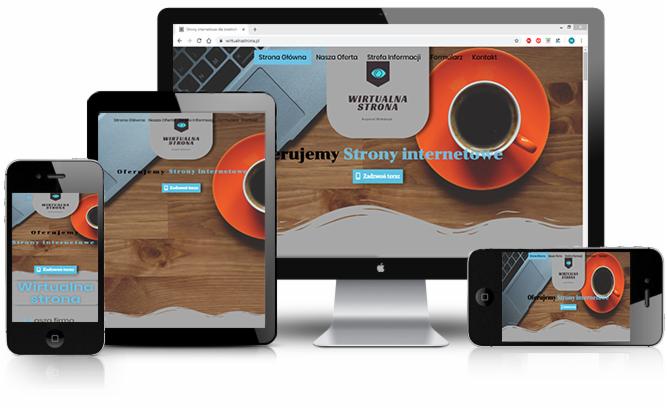 Responsywna strona internetowa wyświetlana na monitorze, tablecie i smartfonach, z motywem drewnianego biurka, kawy i laptopa.