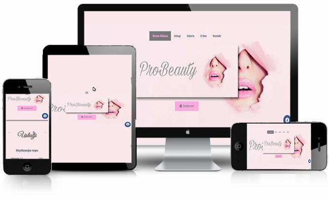 Responsywna strona internetowa ProBeauty wyświetlana na monitorze, tablecie i dwóch smartfonach, z motywem przewodnim w odcieniach różu i wizerunkiem twarzy wyłaniającej się z papieru.